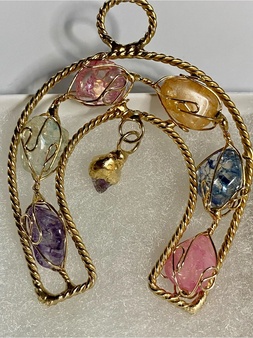 Gold-Tone Multi-Colored Wire-Wrapped Gemstone Pendant